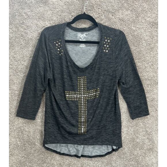 Wrangler Rock 47 Top Womens Medium Gray Embellished Hi Low Hem Tunic Blouse Boho - Picture 1 of 5